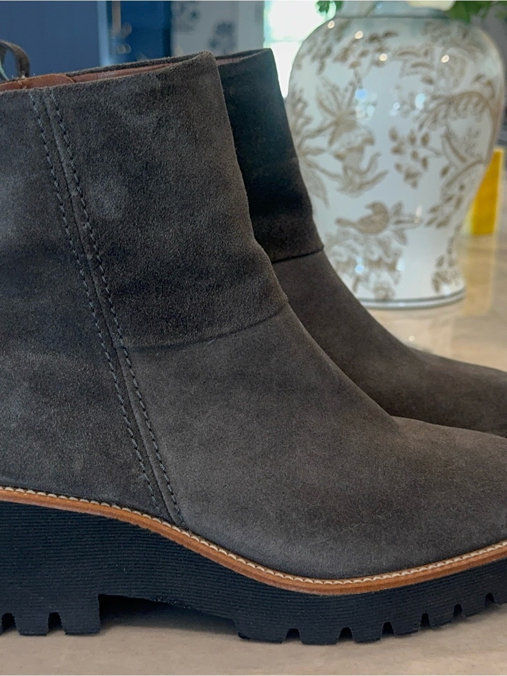 Paul Green Jano Lug Sole Bootie Women's Suede Ankle Booties in asphalt size 9